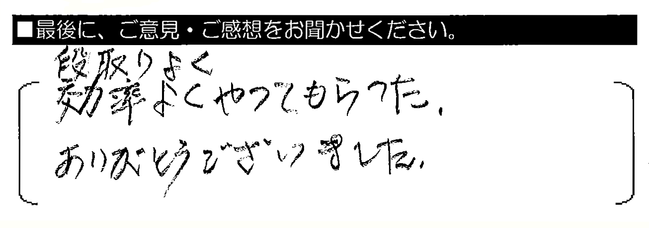 段取りよく 効率よくやってもらった。ありがとうございました。