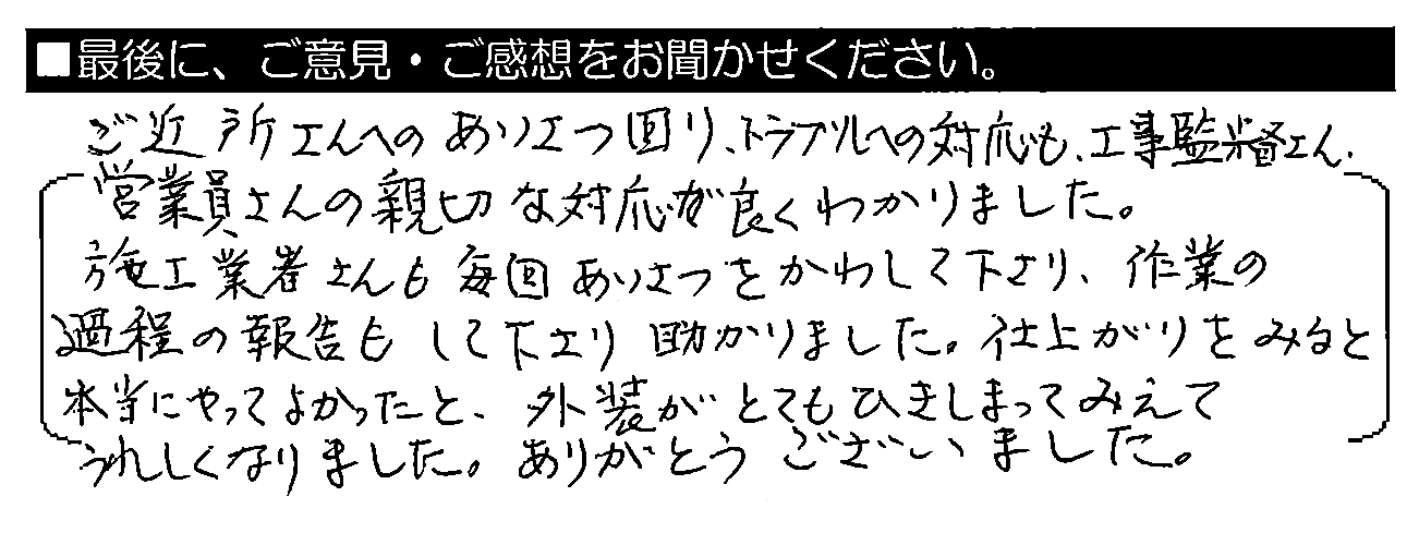 ご近所さんへのあいさつ回り・トラブルへの対応も、工事監督さん・営業員さんの親切な対応が良くわかりました。施工業者さんも毎回あいさつをかわして下さり、作業の過程の報告もして下さり助かりました。仕上がりをみると本当にやってよかったと、外装がとてもひきしまってみえてうれしくなりました。ありがとうございました。