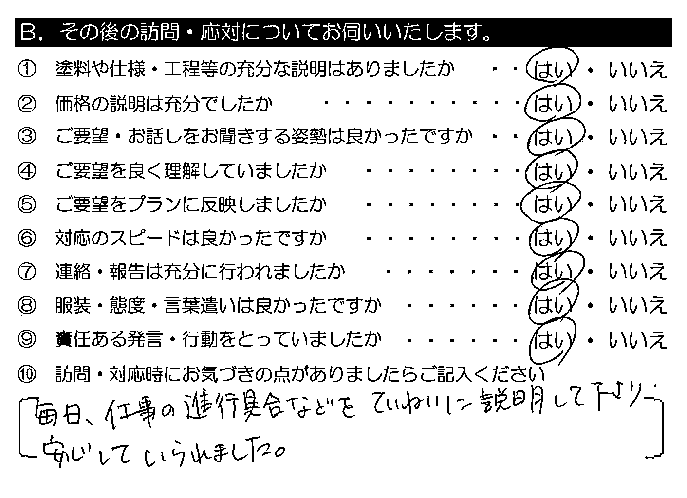 毎日、仕事の進行具合などをていねいに説明して下さり、安心していられました。