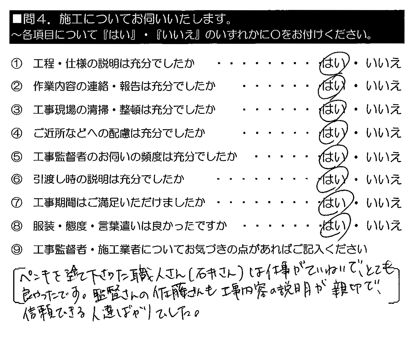 ペンキを塗って下さった職人さん（石井さん）は仕事がていねいで、とても良かったです。監督さんの佐藤さんも 工事内容の説明が親切で、信頼できる人達ばかりでした。