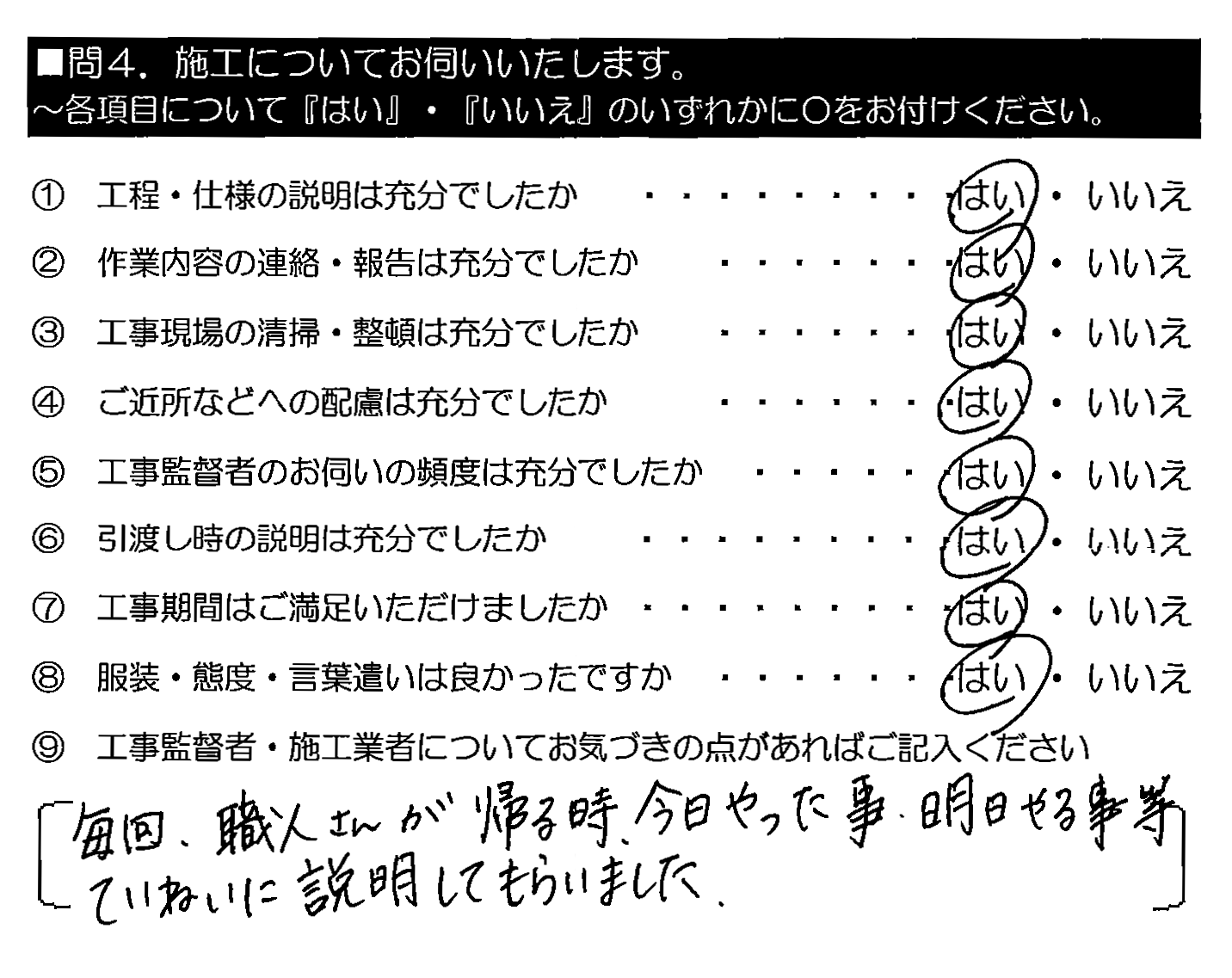 毎回、職人さんが帰る時、今日やった事・明日やる事等ていねいに説明してもらいました。