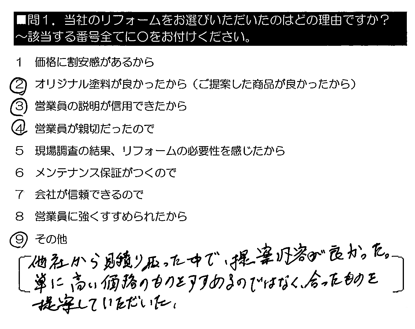 他社から見積り取った中で、提案内容が良かった。単に高い価格のものをすすめるのではなく、合ったものを提案していただいた。