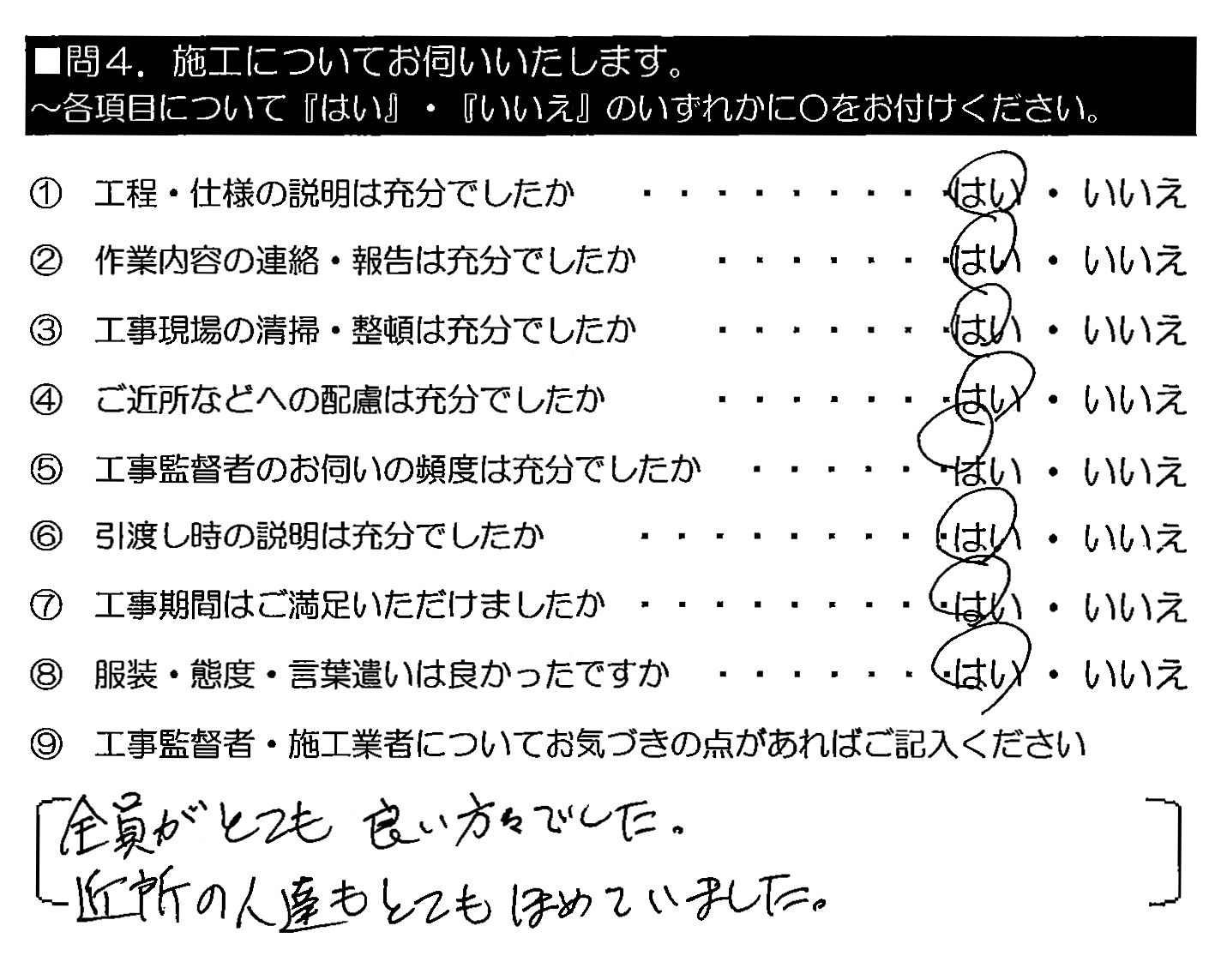 全員がとても良い方々でした。近所の人達もとてもほめていました。