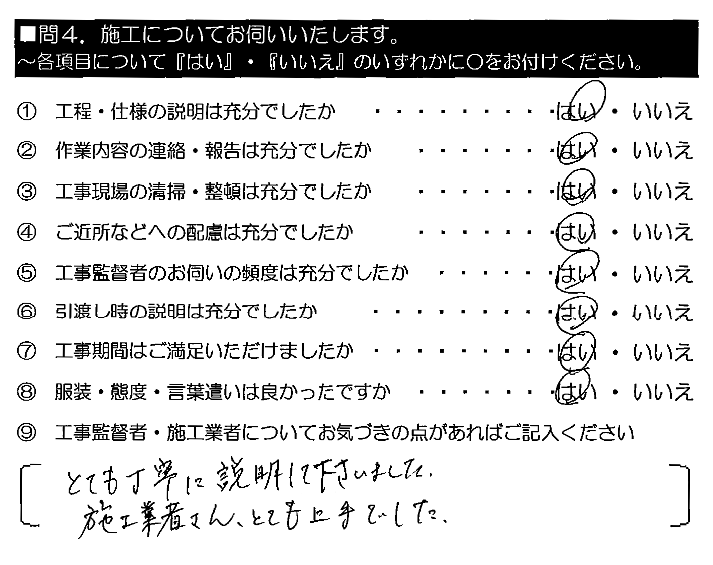 とても丁寧に説明して下さいました。施工業者さん、とても上手でした。