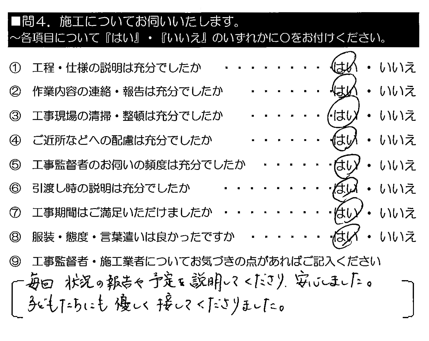 毎回状況の報告や予定を説明してくださり、安心しました。子どもたちにも優しく接してくださりました。