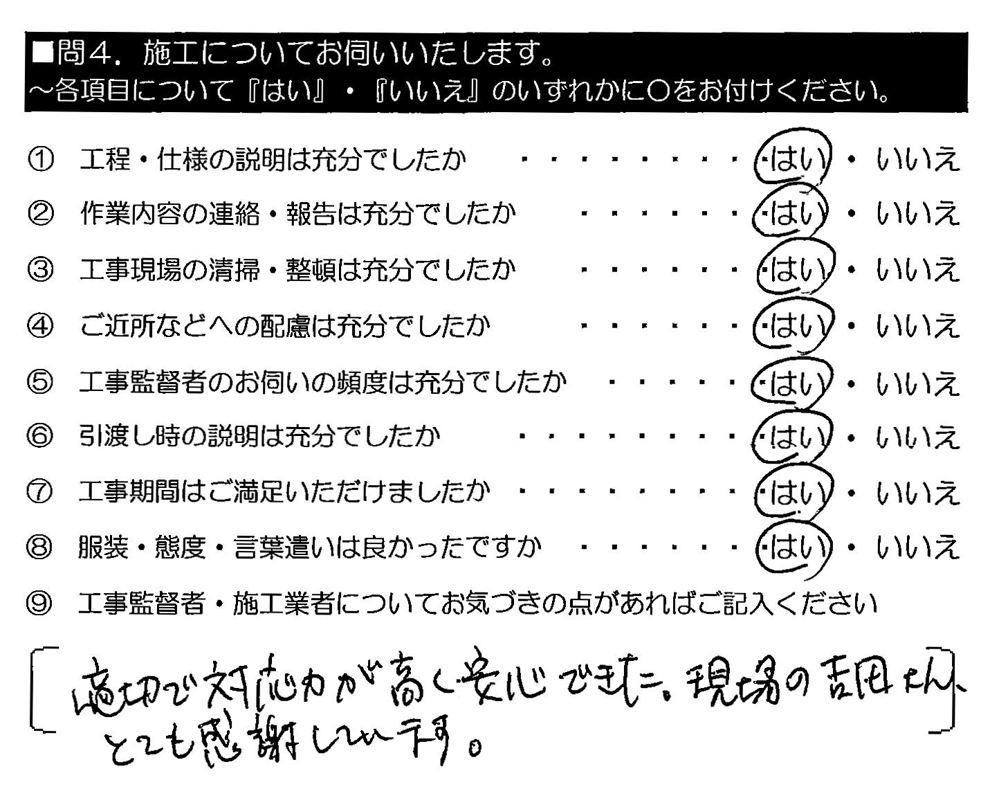 適切で対応力が高く安心できた。現場の吉田さん、とても感謝しています。