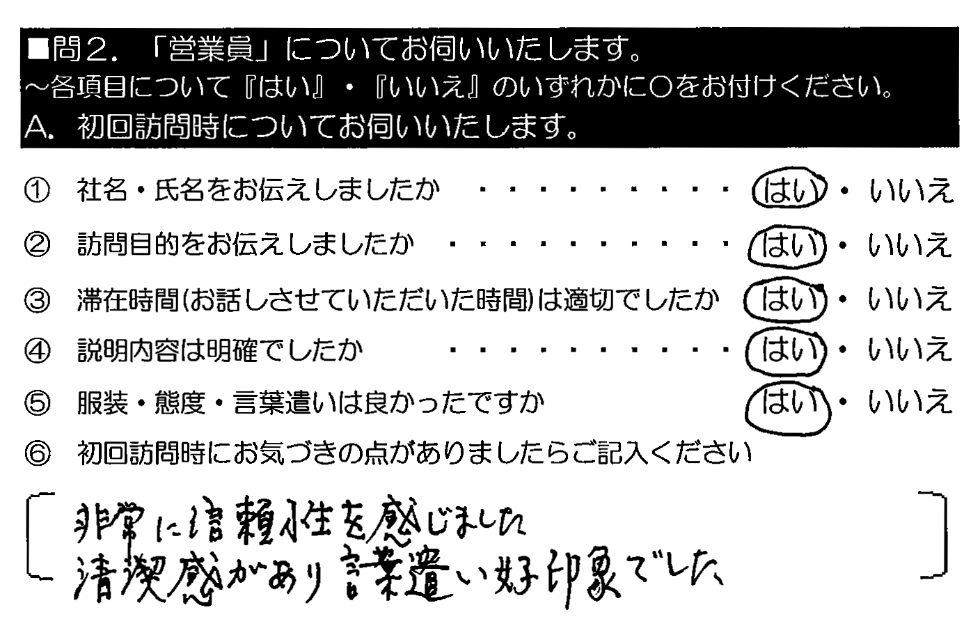 非常に信頼性を感じました。清潔感があり、言葉遣い好印象でした。