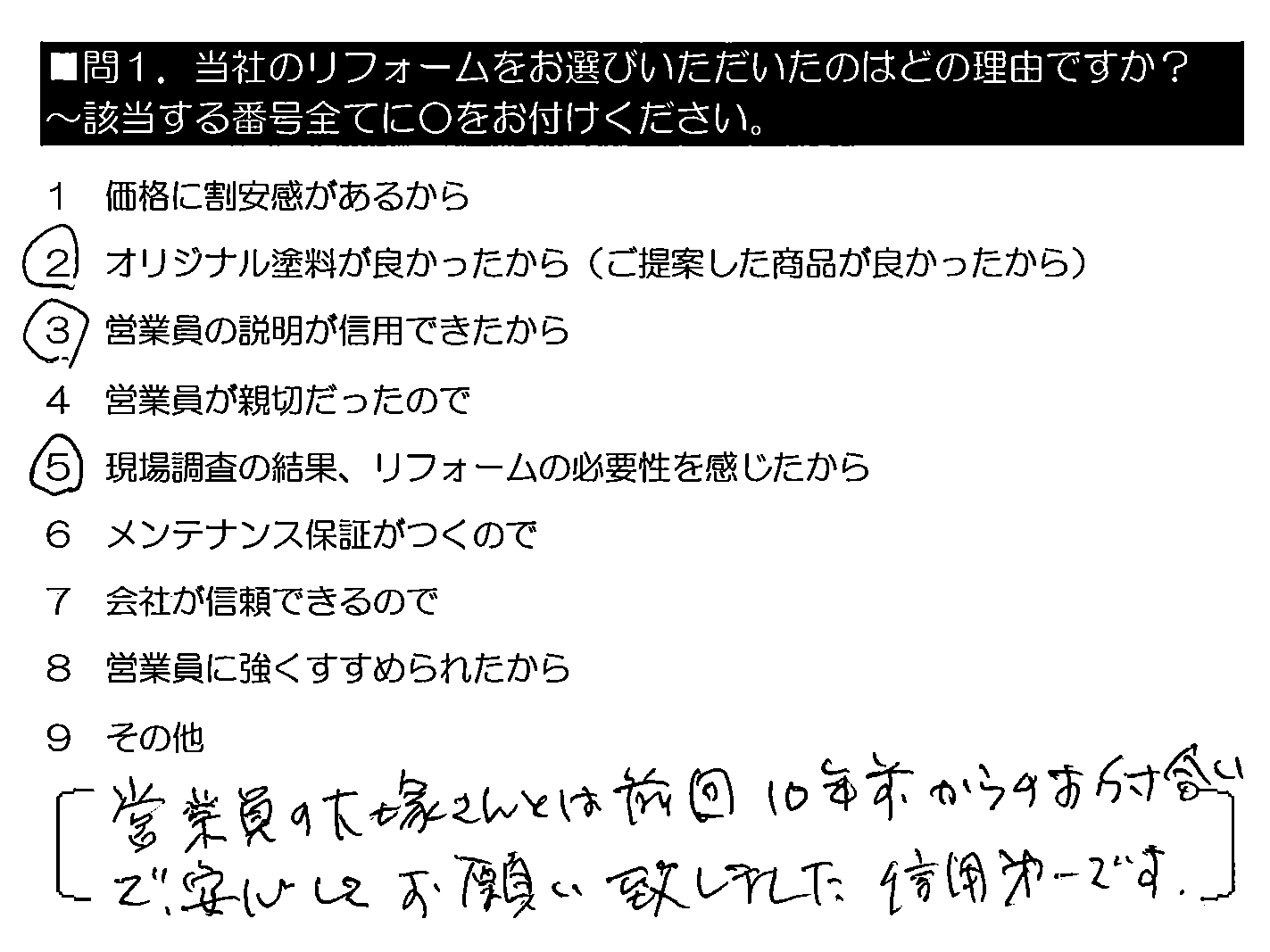 営業員の大塚さんとは前回10年前からのお付き合いで、安心してお願い致しました。信用第一です。