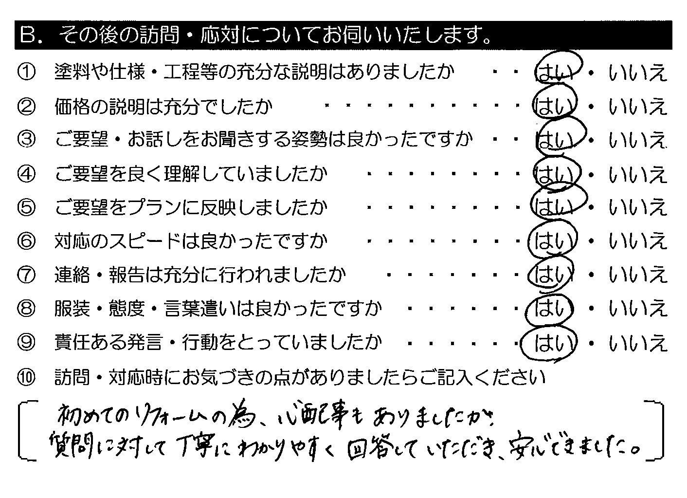 初めてのリフォームの為、心配事もありましたが、質問に対して丁寧にわかりやすく回答していただき、安心できました。