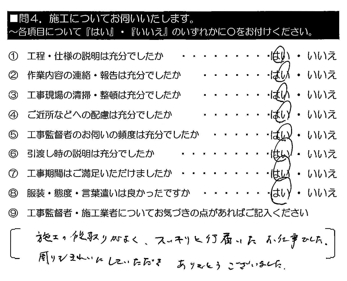 施工の段取りがよく、スッキリと行届いたお仕事でした。周りもきれいにしていただきありがとうございました。