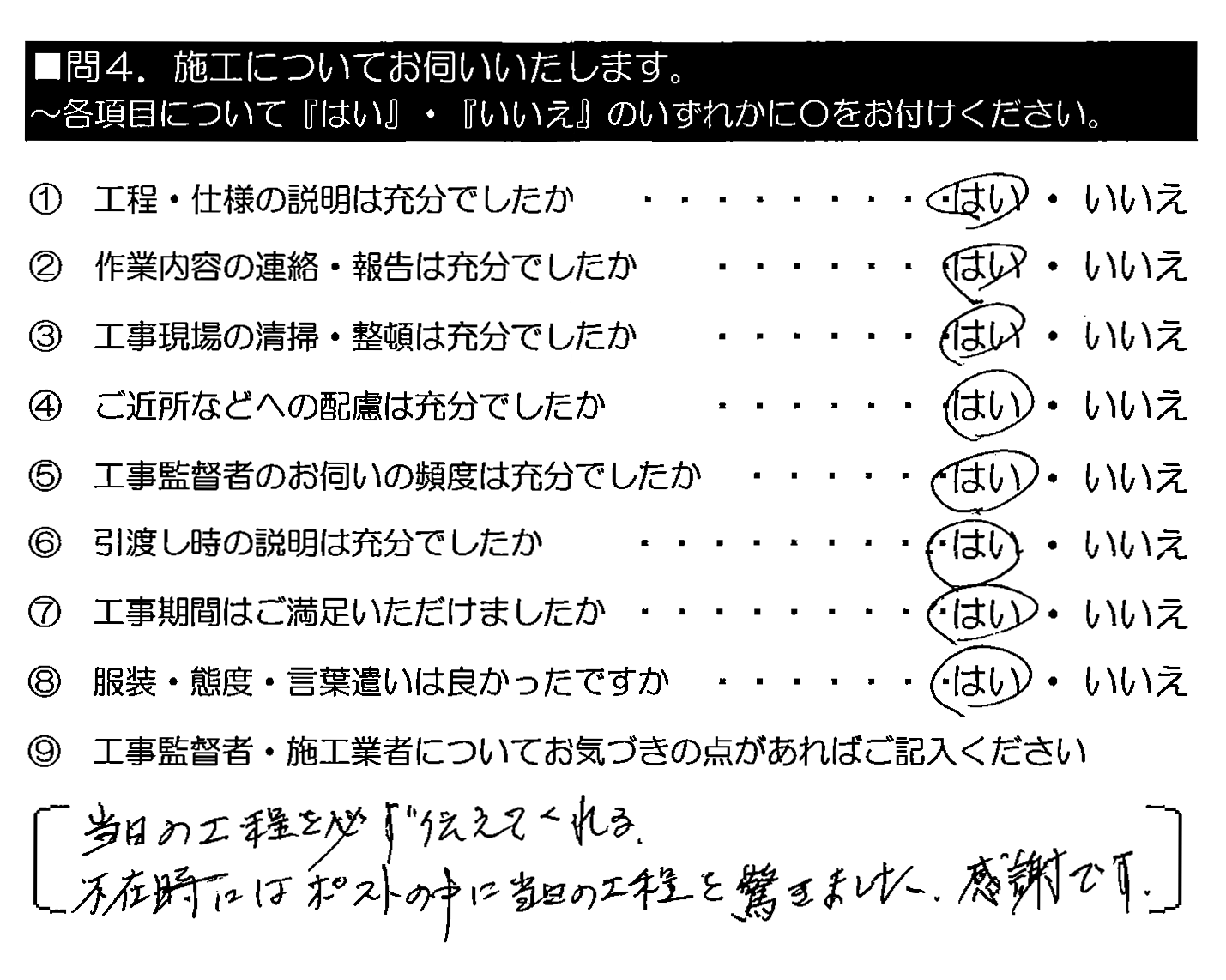 当日の工程を必ず伝えてくれる。不在時にはポストの中に当日の工程を。驚きました。感謝です。