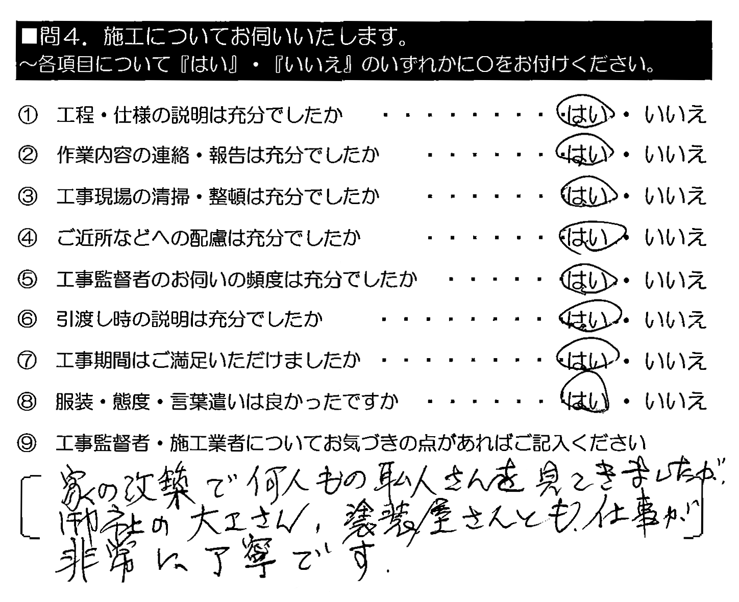 家の改築で何人もの職人さんを見てきましたが、御社の大工さん・塗装屋さんとも、仕事が非常に丁寧です。