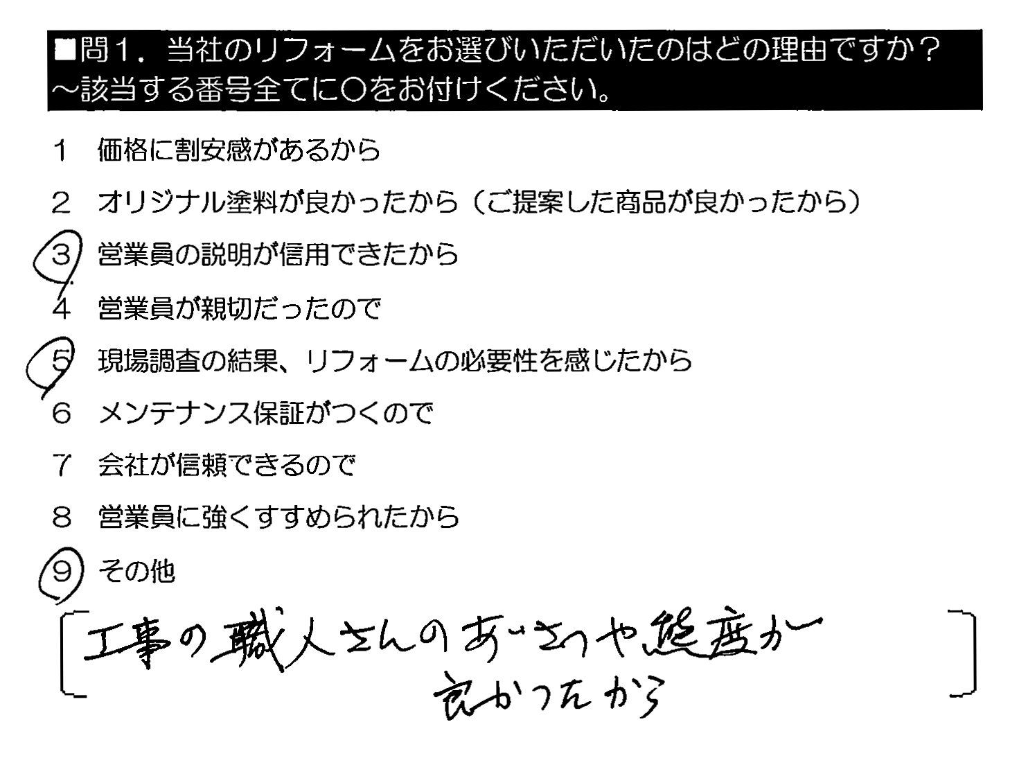 工事の職人さんのあいさつや態度が良かったから。