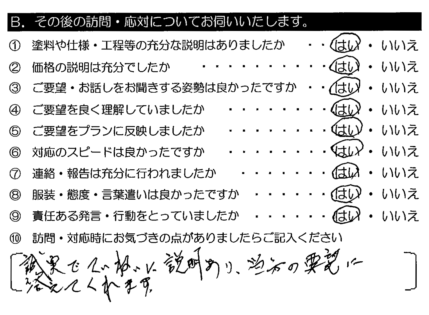 誠実でていねいに説明あり、当方の要望に答えてくれます。