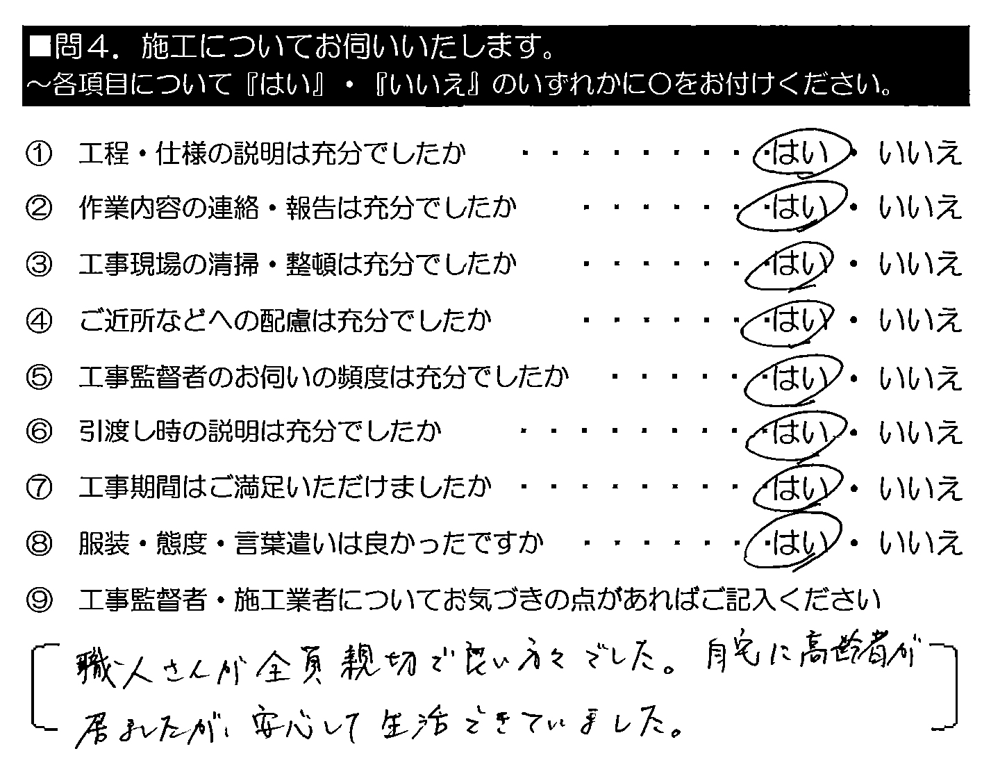 職人さんが全員親切で良い方々でした。自宅に高齢者が居ましたが、安心して生活できていました。