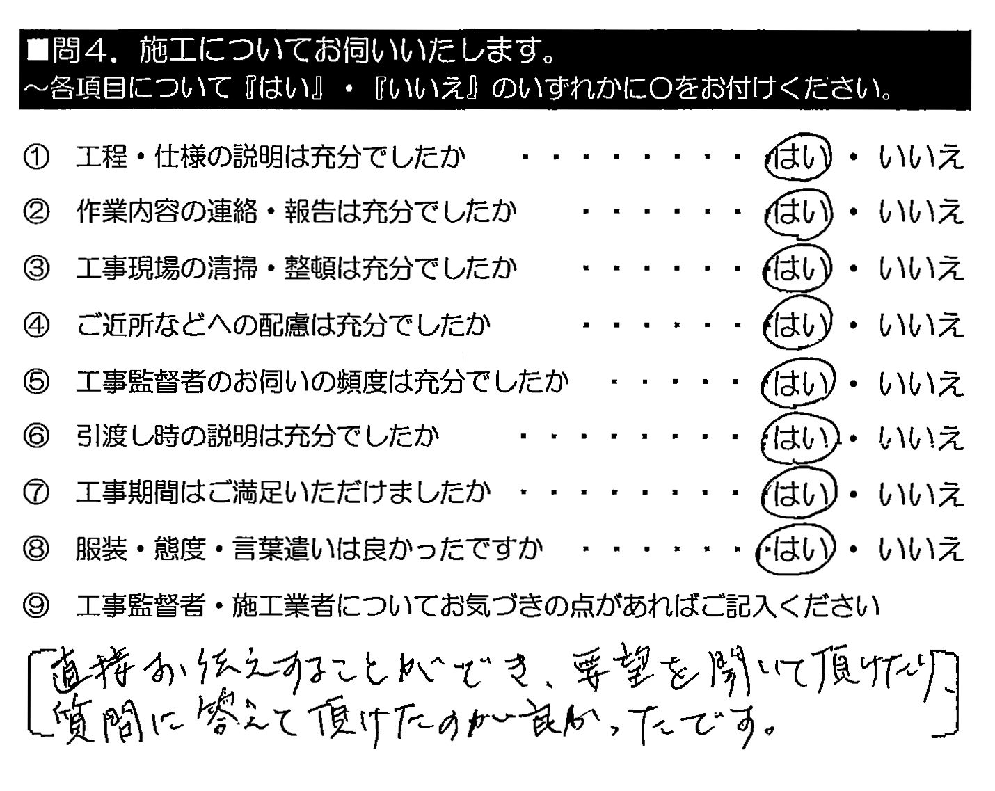 直接お伝えすることができ、要望を聞いて頂けたり、質問に答えて頂けたのが良かったです。