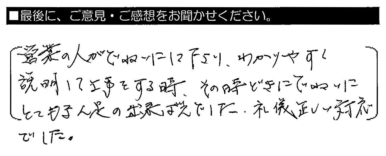 営業の人がていねいにして下さり、わかりやすく説明して工事をする時、その時どきにていねいにとてもまん足の出来ばえでした。礼儀正しい対応でした。