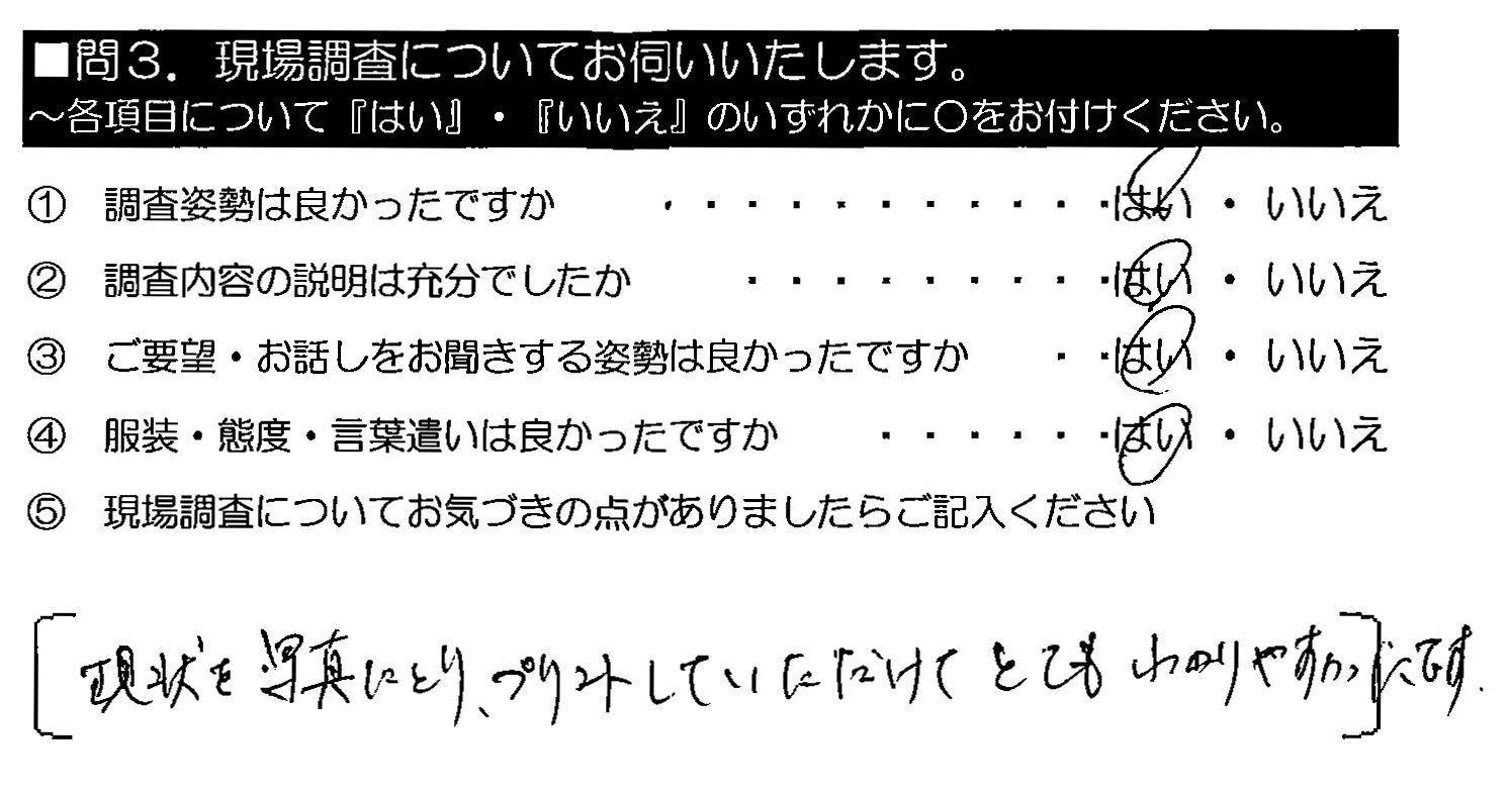 現状を写真にとり、プリントしていただけて とてもわかりやすかったです。