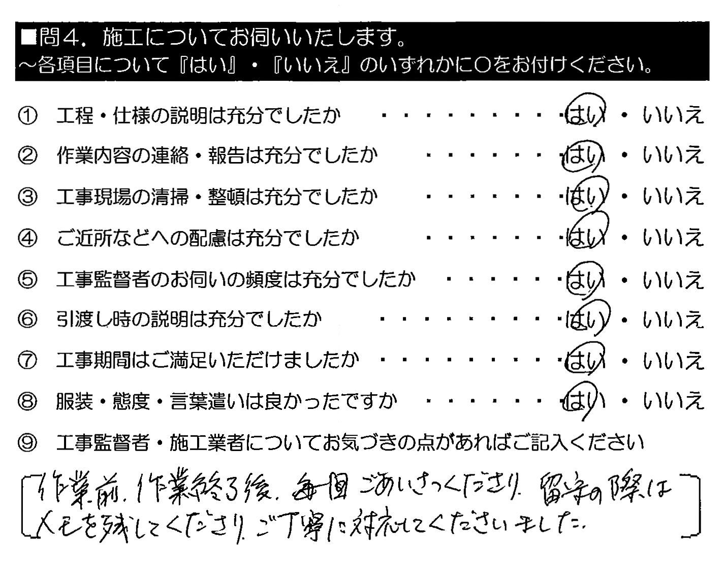 作業前・作業終了後、毎回ごあいさつくださり、留守の際はメモを残してくださり、ご丁寧に対応してくださいました。