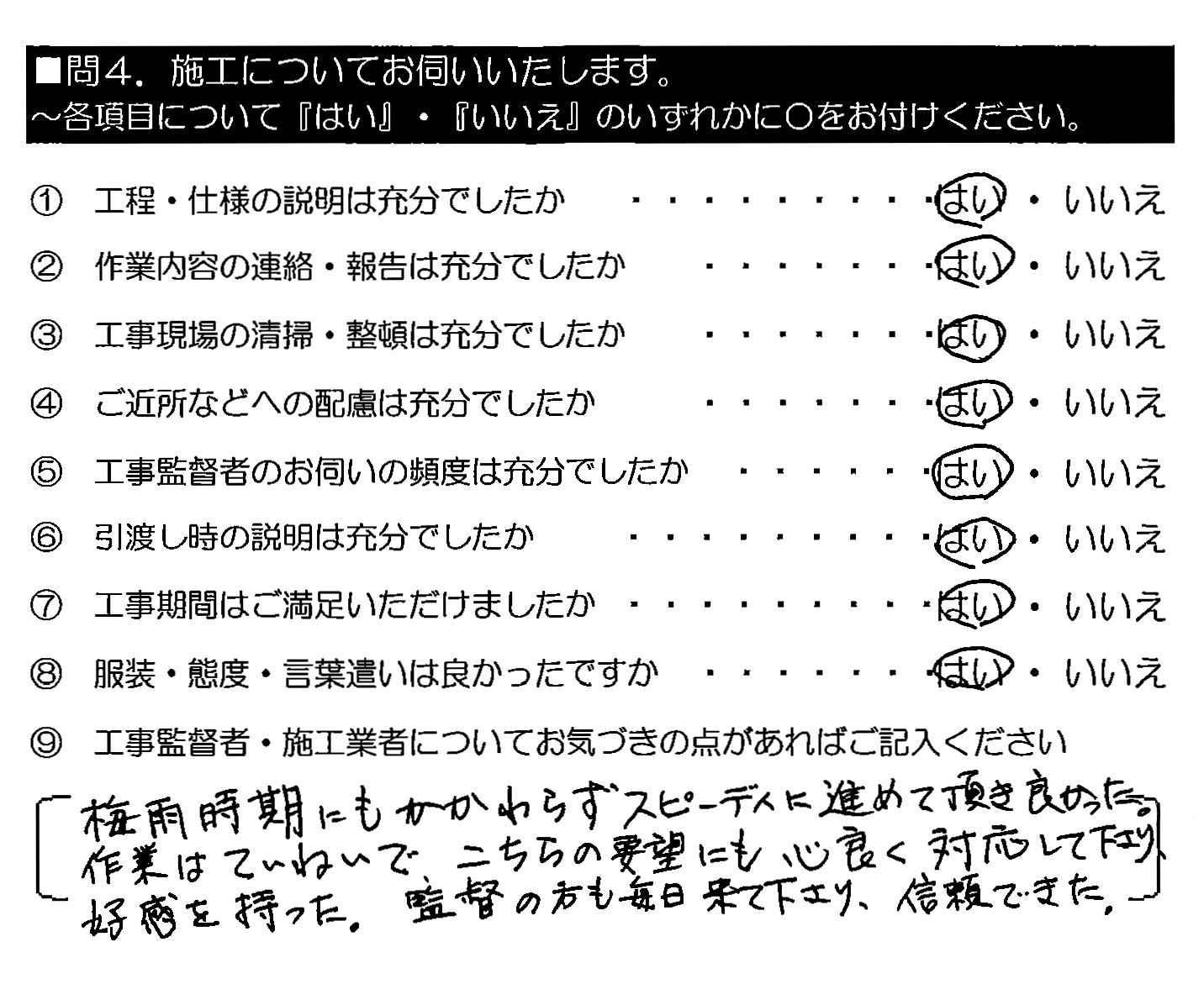 梅雨時期にもかかわらずスピーディに進めて頂き良かった。作業はていねいで、こちらの要望にも心良く対応して下さり、好感を持った。監督の方も毎日来て下さり、信頼できた。