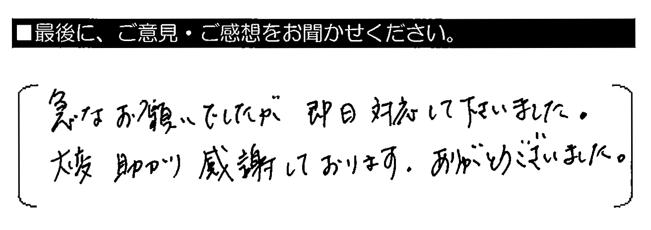 急なお願いでしたが即日対応して下さいました。大変助かり感謝しております。ありがとうございました。