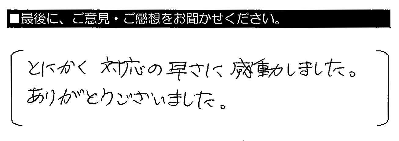 とにかく対応の早さに感動しました。ありがとうございました。