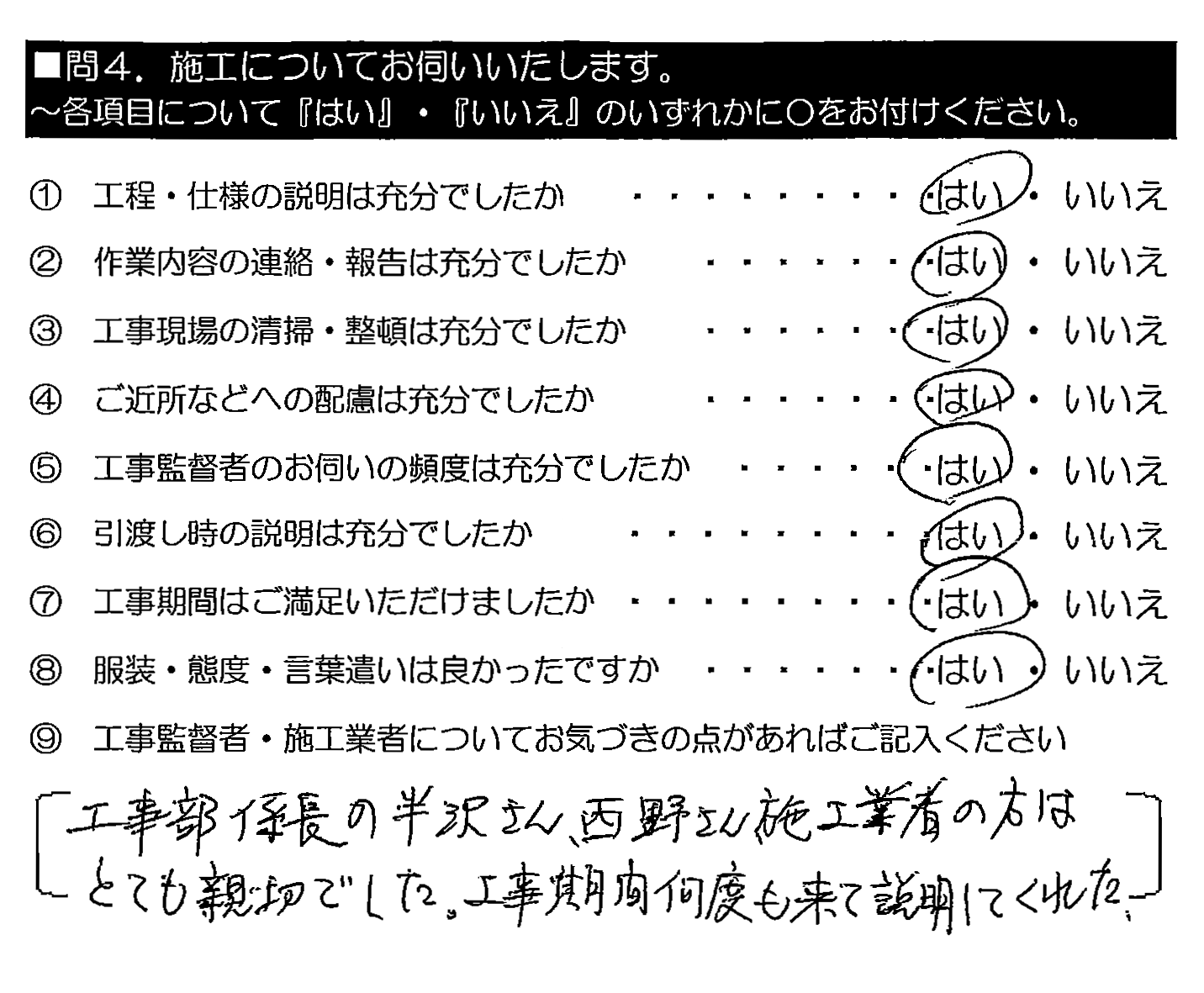 工事部係長の半沢さん・西野さん・施工業者の方はとても親切でした。工事期間何度も来て説明してくれた。