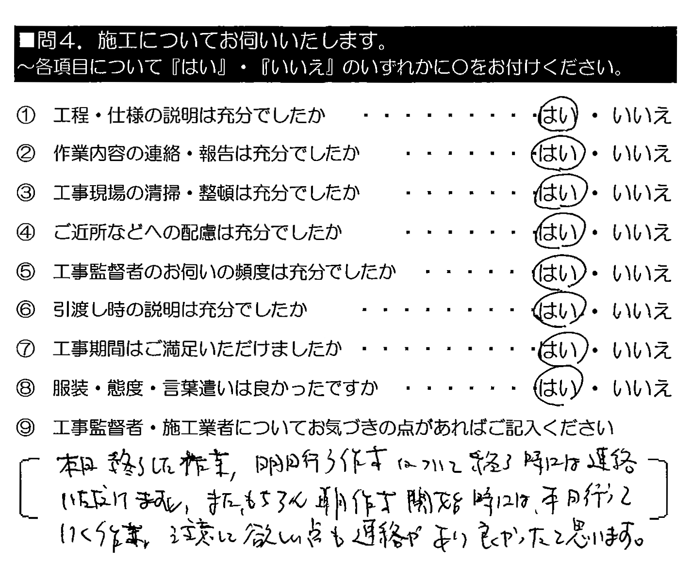 本日終了した作業・明日行う作業について終了時には連絡いただけますし、また、もちろん朝作業開始時には、本日行っていく作業・注意して欲しい点も連絡があり良かったと思います。