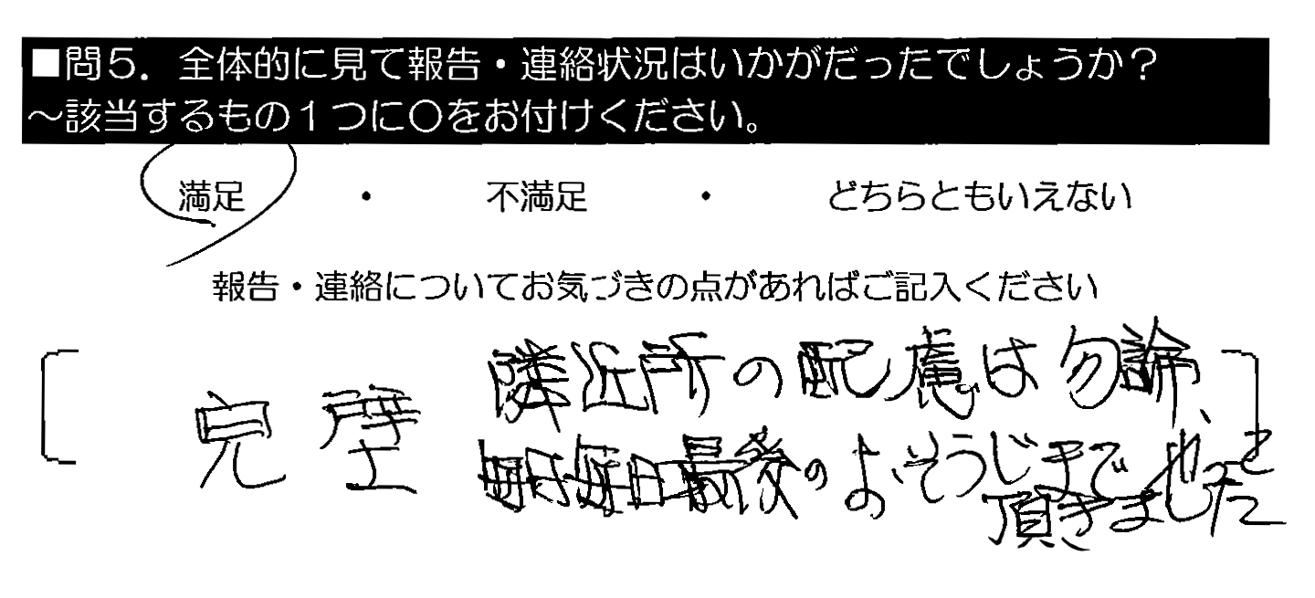 完璧。隣近所の配慮は勿論、毎日毎日最後のおそうじまでやって頂きました。