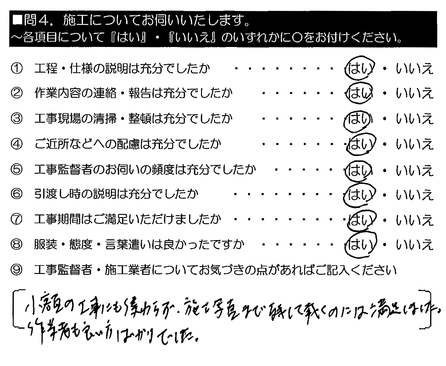 少額の工事にも係わらず、施工写真まで残して戴くのには満足しました。作業者も良い方ばかりでした。