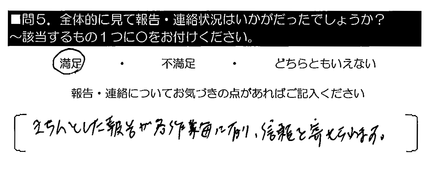 きちんとした報告が各作業毎に有り、信頼を寄せられます。