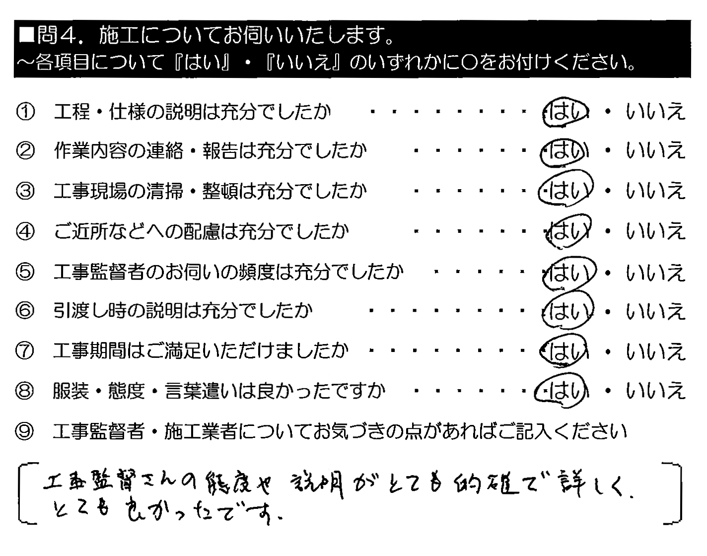 工事監督さんの態度や説明がとても的確で詳しく、とても良かったです。