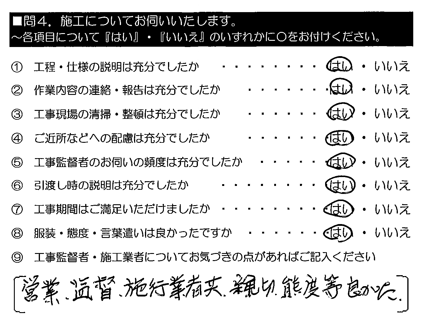 営業・監督・施工業者共、親切。態度等良かった。