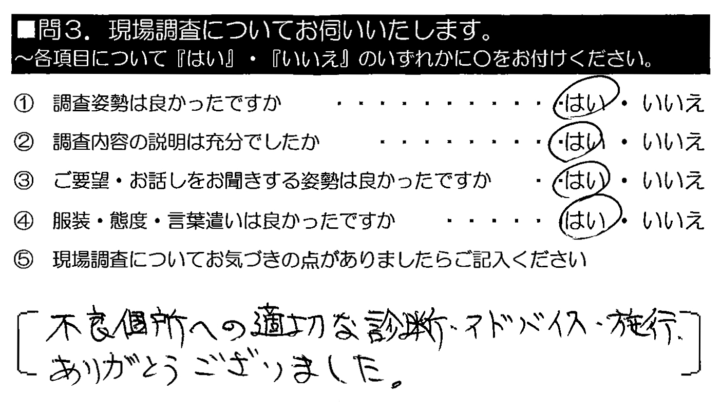 不良箇所への適切な診断・アドバイス・施工、ありがとうございました。