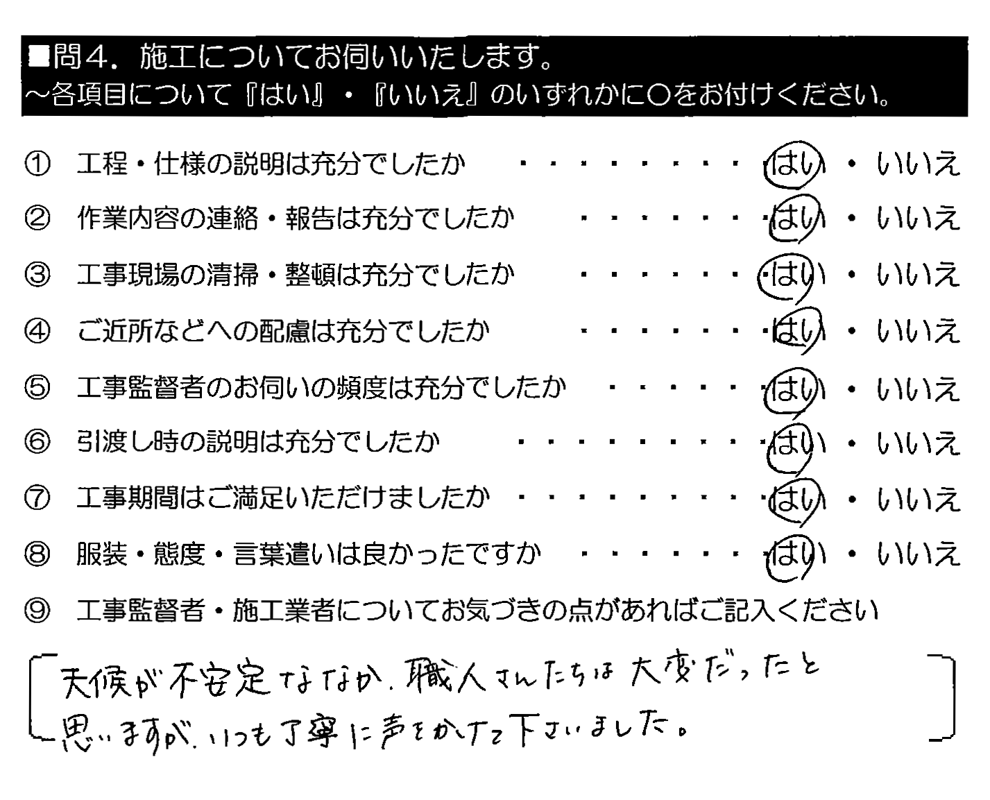 天候が不安定ななか、職人さんたちは大変だったと思いますが、いつも丁寧に声をかけて下さいました。