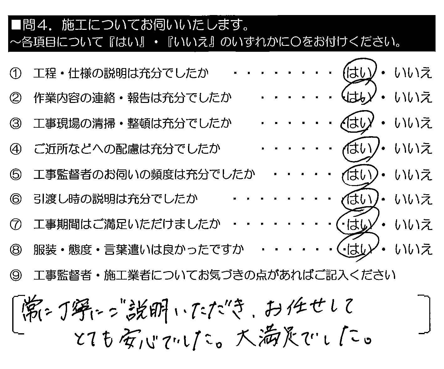 常に丁寧にご説明いただき、お任せしてとても安心でした。大満足でした。