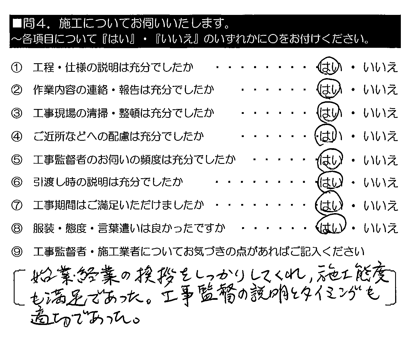 始業・終業の挨拶をしっかりしてくれ、施工態度も満足であった。工事監督の説明とタイミングも適切であった。