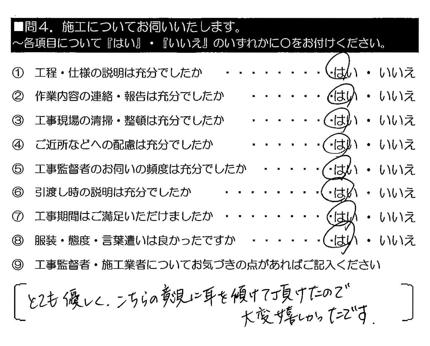 とても優しく、こちらの意見に耳を傾けて頂けたので大変嬉しかったです。