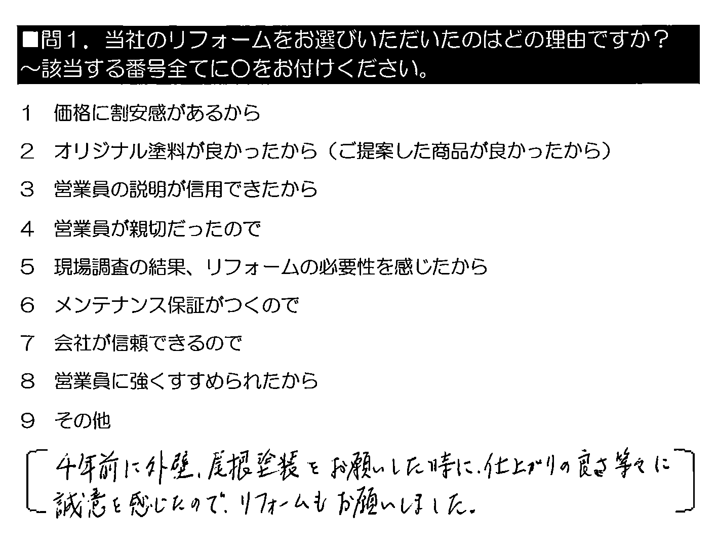 4年前に外壁・屋根塗装をお願いした時に、仕上がりの良さ等々に誠意を感じたので、リフォームもお願いしました。