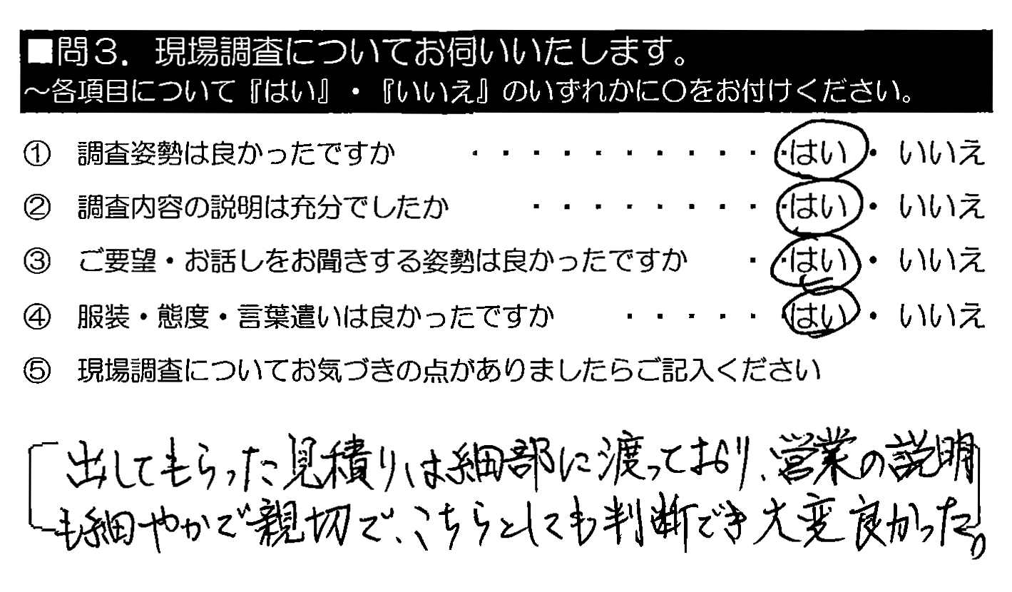 出してもらった見積りは細部に渡っており、営業の説明も細やかで親切で、こちらとしても判断でき大変良かった。