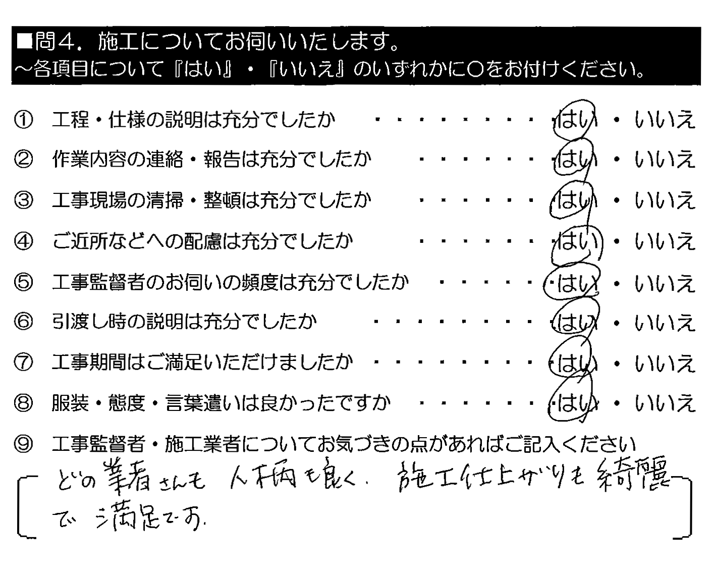 どの業者さんも人柄も良く、施工仕上がりも綺麗で満足です。