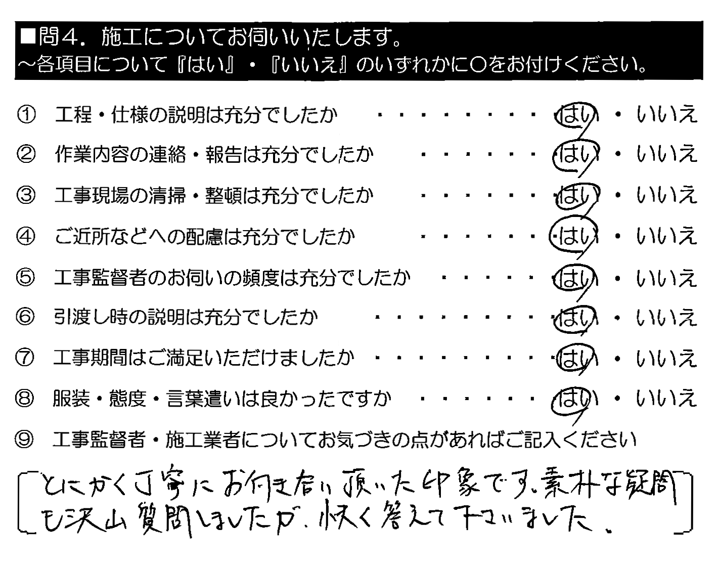 とにかく丁寧にお付き合い頂いた印象です。素朴な疑問も沢山質問しましたが、快く答えて下さいました。