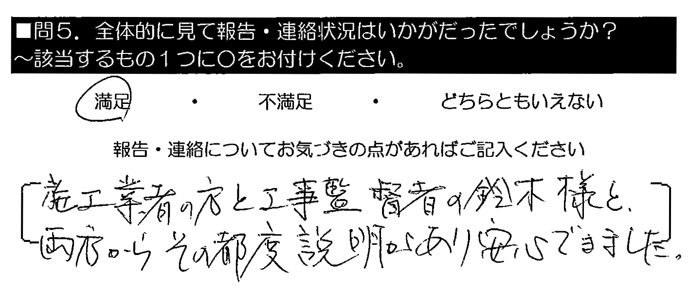 施工業者の方と工事監督の鈴木様と、両方からその都度説明があり安心できました。