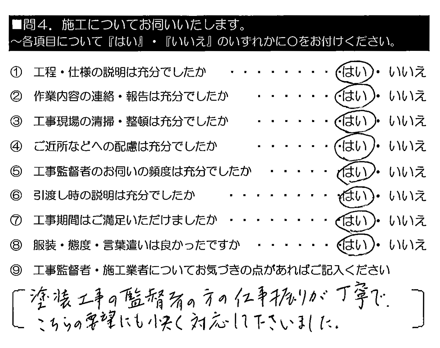 塗装工事の監督者の方の仕事振りが丁寧で、こちらの要望にも快く対応して下さいました。