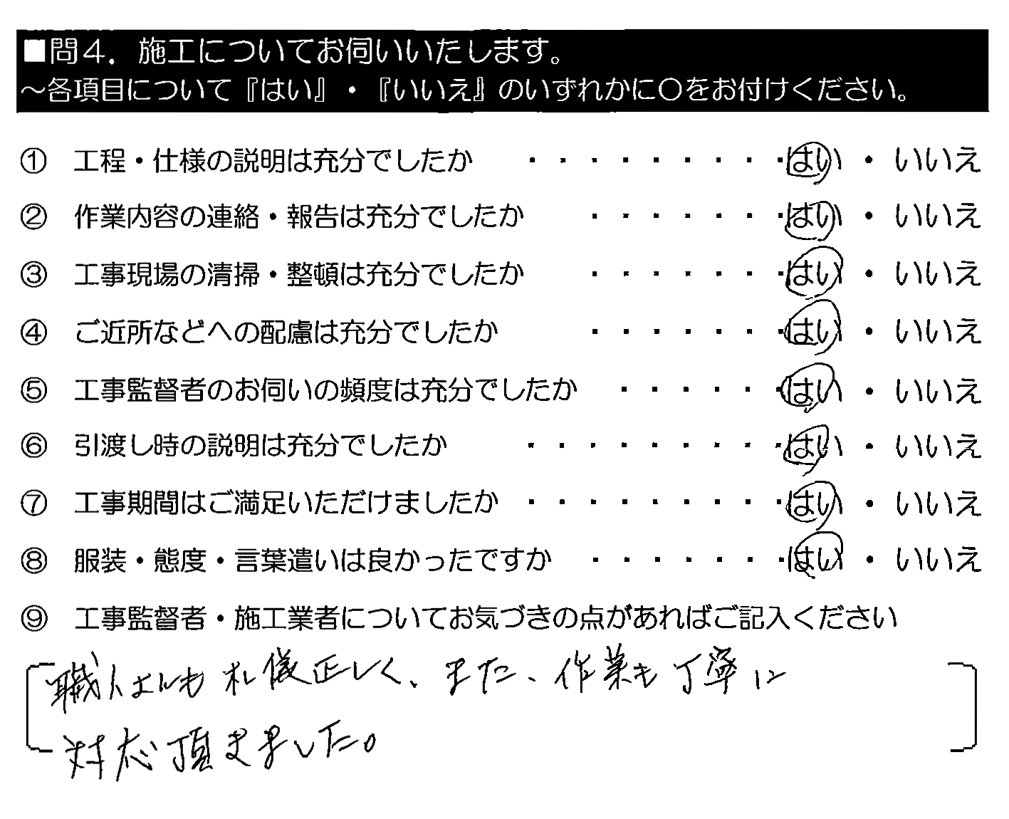 職人さんも礼儀正しく、また、作業も丁寧に対応頂きました。