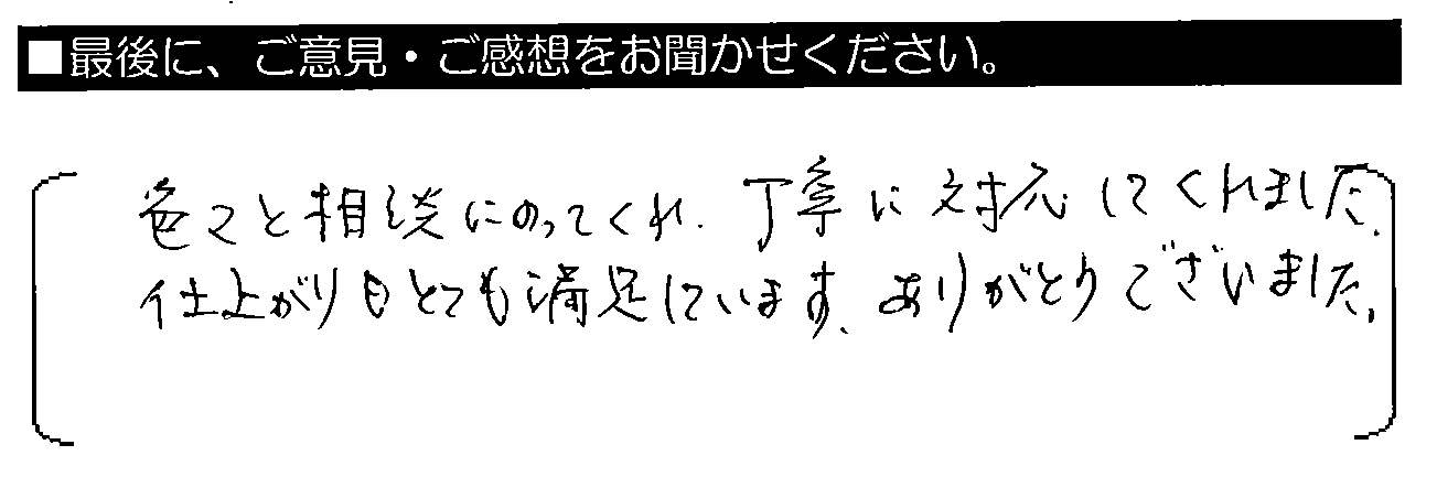 色々と相談にのってくれ、丁寧に対応してくれました。仕上がりもとても満足しています。ありがとうございました。