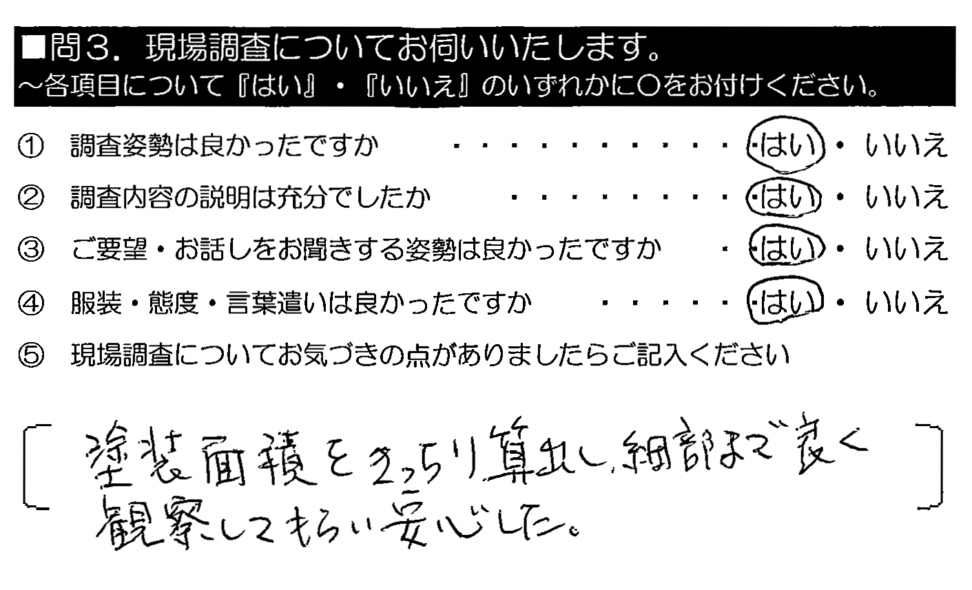 塗装面積をきっちり算出し、細部まで良く観察してもらい安心した。