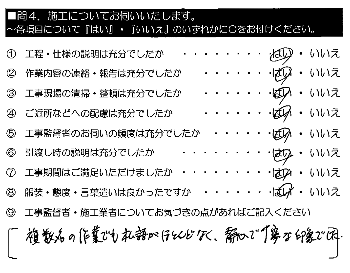 複数名の作業でも私語がほとんどなく、静かで丁寧な印象でした。