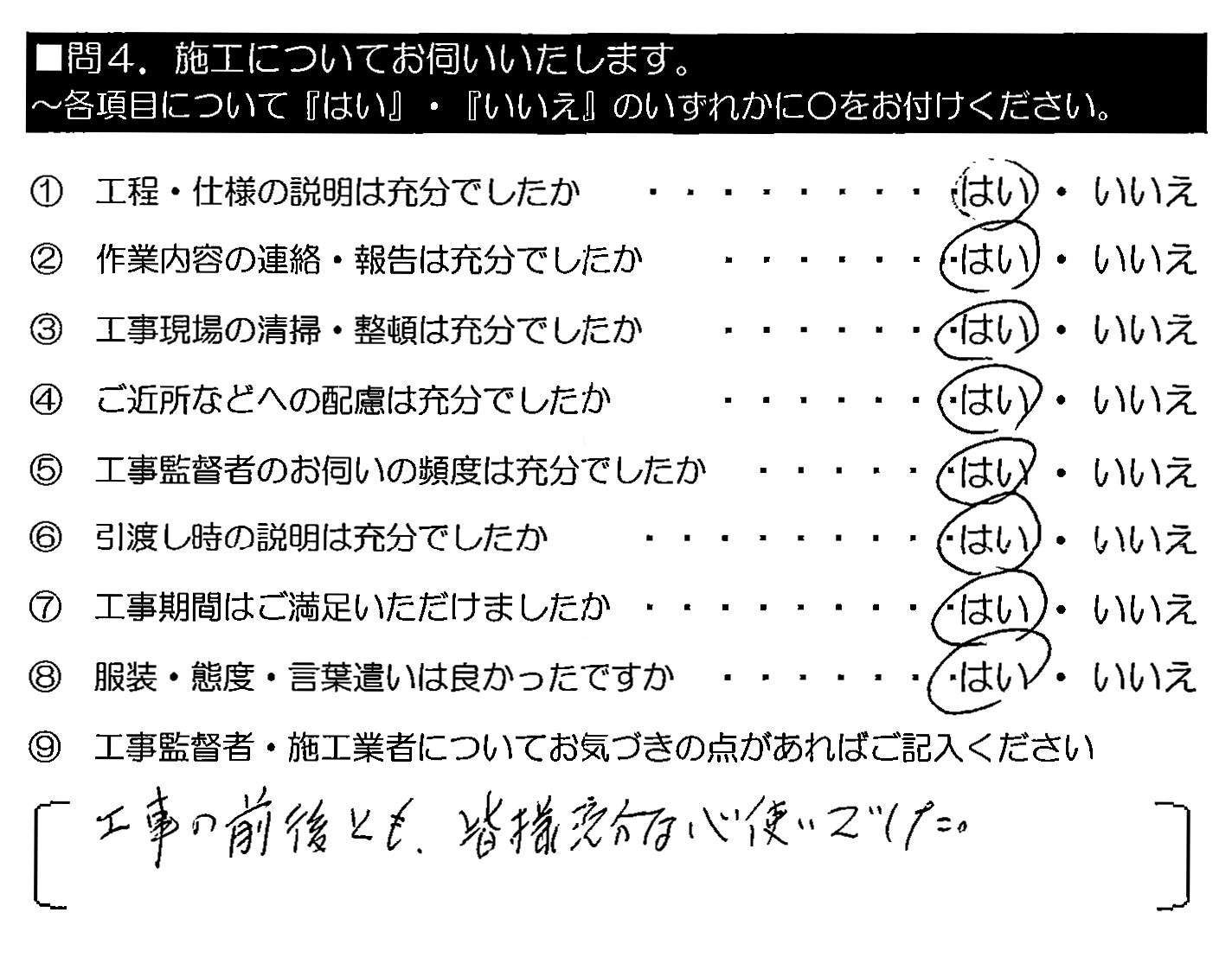 工事の前後とも、皆様充分な心使いでした。