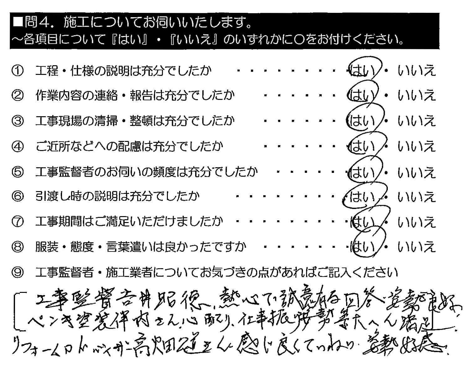 工事監督 吉井昭徳、熱心で熱意有る回答・姿勢良好。ペンキ塗装 坂内さん、心配り・仕事振り・姿勢等大変満足。リフォームアドバイザー高畑公道さん、感じ良くていねい・姿勢良好。